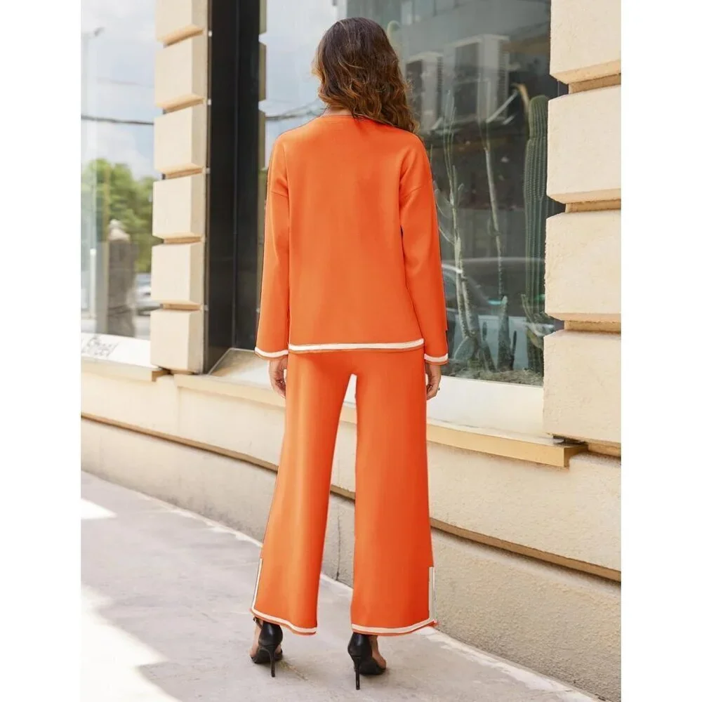 Women's Orange Long Sleeve Knit Sweater Top & Wide Leg Pants Lounge Set